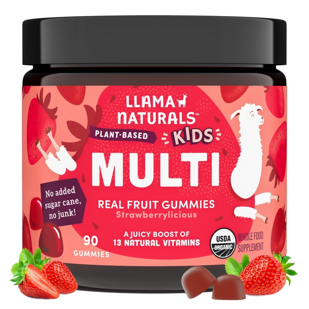 Llama Naturals Kids Multivitamin Gummies, טבעוני, אורגני עם ויטמין D, C & K, טודלר אמיתי פירות חניכיים ויטמין, תוספת צ'לויטמין מזון שלם, לא תוספת סוכר Cane, סטרוברי, 90 Cttler Real פירות Gummy ויטמינים, תוסף צ'ואו, Whole Food Multivitamin, No added Sugar Cane, Strawberry, 90 Cttler