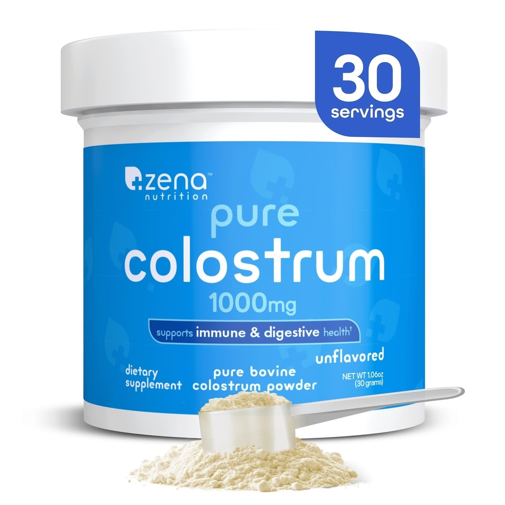 Zena Nutrition Bovine Colostrum אבקת תוסף, 1000 מ"ג טהור קולוסטרום, תומך Immune and Digestive Health, מקדם את בריאות Gut, Keto, Gluten Free, Fat Free, Grass פד, Unflavored, 30 משרתים
