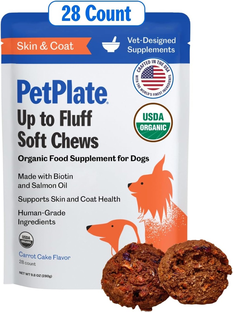 PetPlate Up to Fluff Soft Chews for Dogs, Skin & Coat Support, USDA אורגני תוסף, Grain-Free, Human-Grade, כולל שמן סלמון וביוטין, Pet Supplies (Pack of 1,9.8 Ounce)