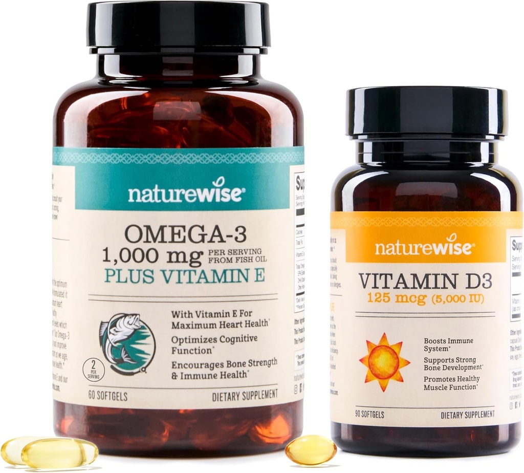 NatureWise High-Potency 1000 מ"ג אומגה 3 עם 600 מ"ג EPA, 400 מ"ג DHA, ויטמין E & ויטמין D3 5000o (125 mcg) תפקוד שרירים בריא, ו- Immune Support