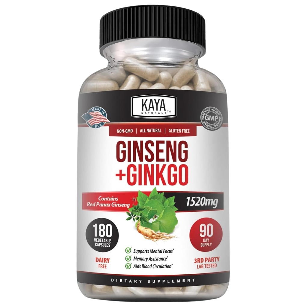 Kaya Naturals Red Panax גיינסנג + גינקו בילובה - תוסף המוח nootropic - תמיכה קוגניטיבית וריכוזית - Brain Booster, Focus, ו- Memory Supplement - 180 קפסולות