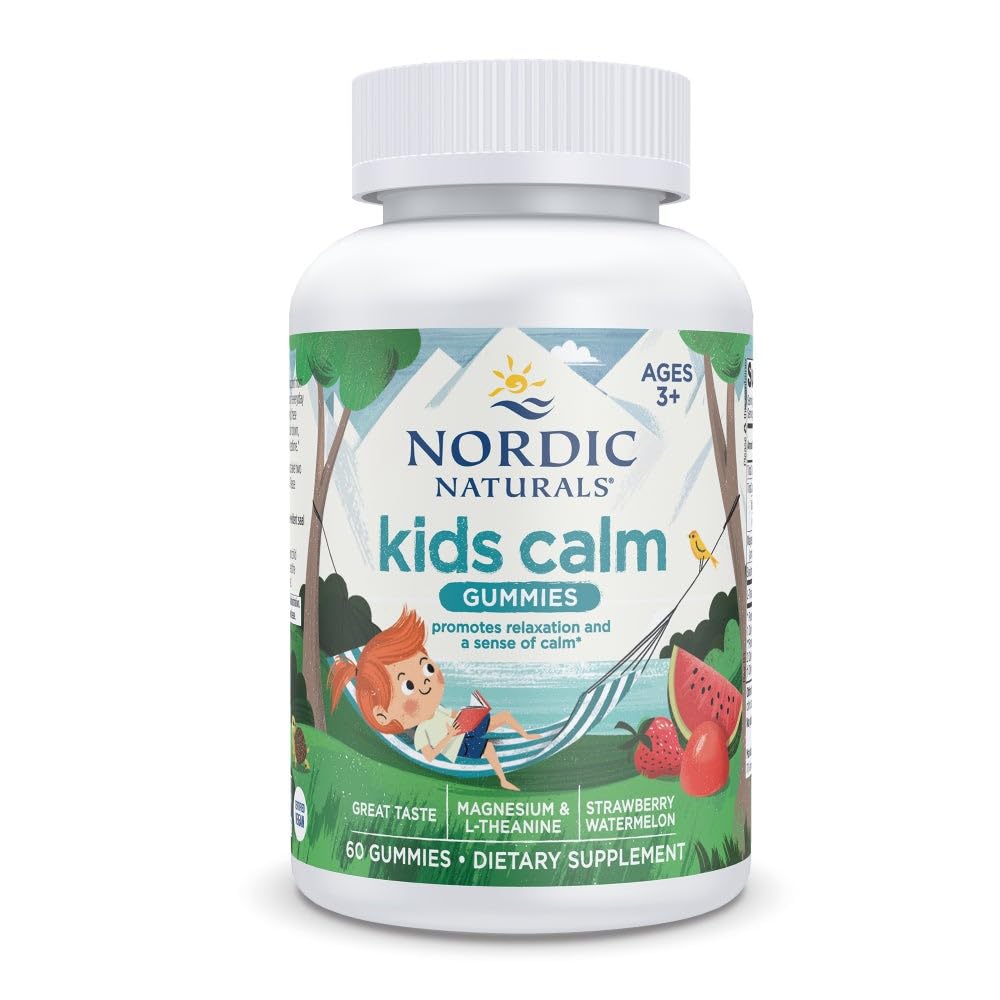 Nordic Naturals Kids Calm Gummies - Strawberry Watermelon - 60 חניכיים - Magnesium L-theanine תוסף - הקלה עבור ילדים - תמיכה מרגיעה - עד 60 משרתים