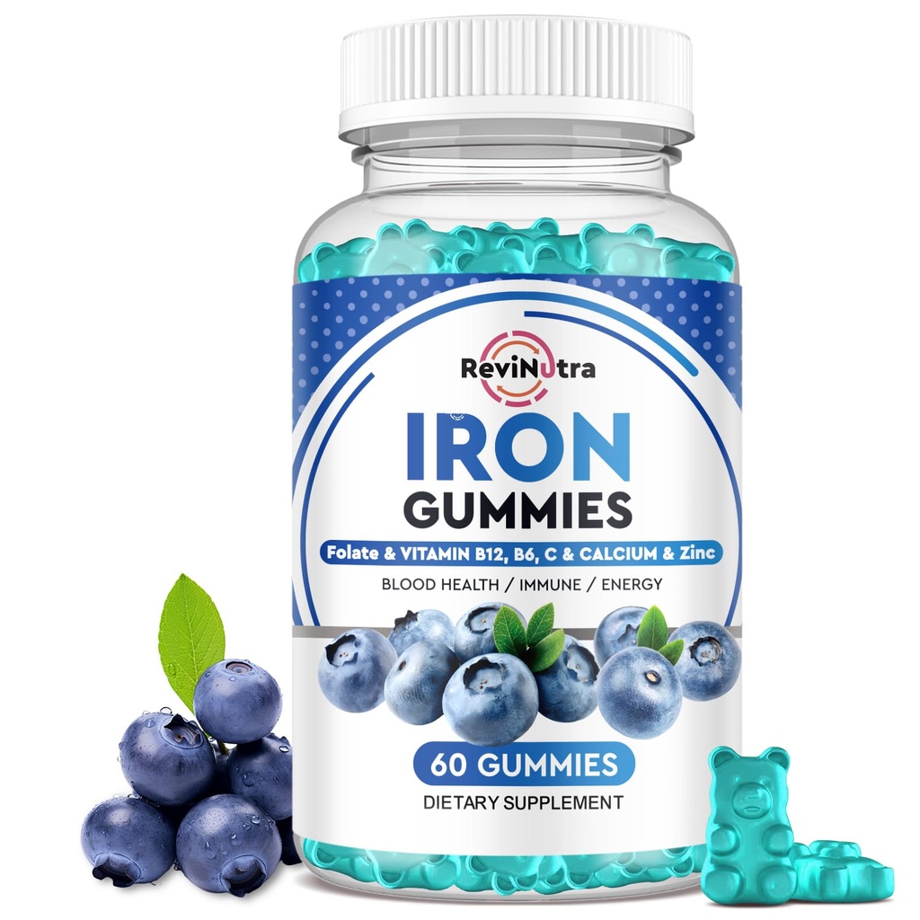 חניכיים ברזל - עם Calcium, Zinc, Folate & ויטמין B12, C,B6 למבוגרים וילדים - Blood Builder & Energy Support for Iron Deficiency, Anemia, Vegan - Blueberry Flavor, 60 חניכיים