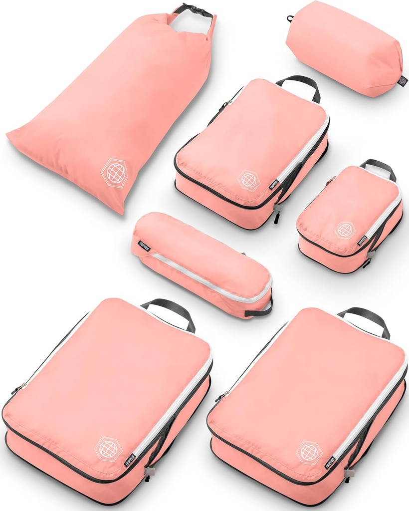 חברת Compression Packing Cubes for Travel-Packing Cubeers 7 Piece Set for Checked Luggage-Ultralight, מרחיב/Compression Bags by TRIPPED Travel Gear (Dusty Rose)