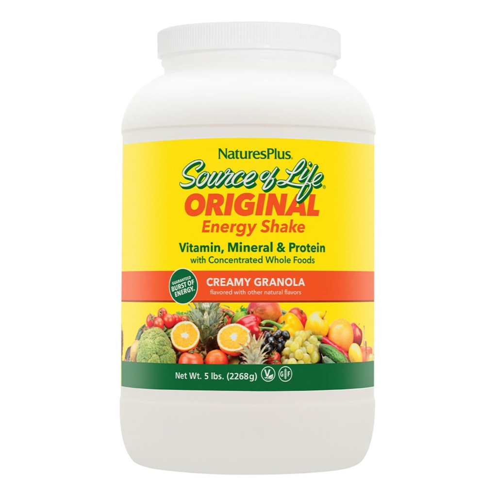 NaturesPlus Source of Life Energy Shake - 5 lbs, Vegetarian drink Mix - Granola Flavor - Multivitamin, מינרל וחלבון אבקת - Whole Food Meal החלפת - Non-GMO, Gluten-Free - 58 משרתות