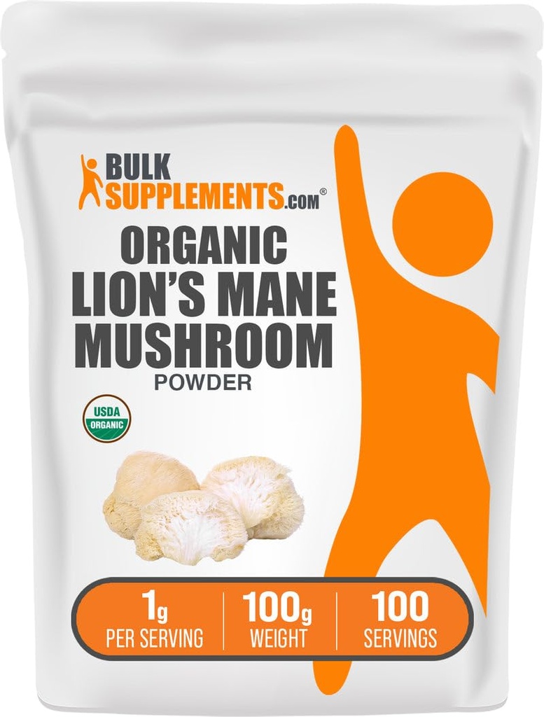 BulkSupplements.com Organic Lions Mane Mushroom אבקת - Lions Mane אבקה, תוסף Mushroom - טבעוני וגלוטן חינם, 1g לשרת, 100g (3.5 oz) (Pack של 1)