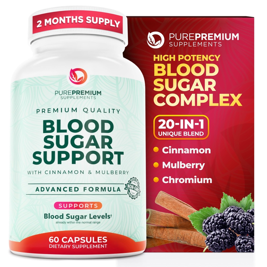 PurePremium Normal Blood Sugar Support תוסף - 20 Active Ingredients Complex כדי לתמוך רמות סוכר בדם כבר בטווח הרגיל - עם Cinnamon, Bitter Melon, Chromium, Mulberry - 60ct