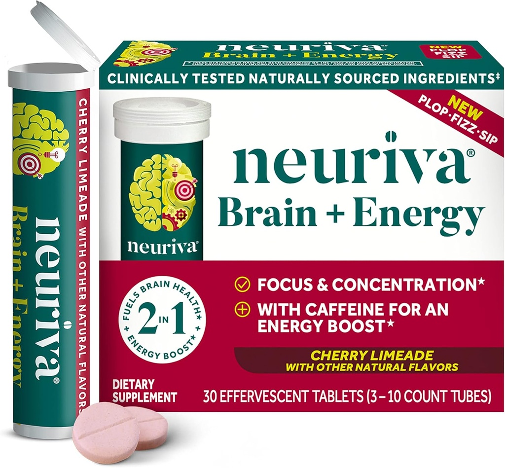 NEURIVA Brain + אנרגיה תוספת עם חומרים קליניים נבדקים עבור Focus & ריכוז, ויטמין B12, ו 150 מ"ג של קפאין עבור אנרגיה מיידית Boost, 30ct Cherry Limeade Efferscent Tabletscent Tabletscent