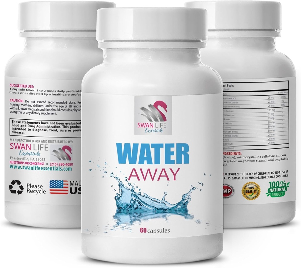 Water Away Natural Complex - WATER AWAY - תמיכה במים דיאורטיים, תוסף פלויד, בריאות diuretic, תמיכה בנוזל טבעי, תמיכה במאזן צמחי, תוספת ניהול מים 1 בקבוק 60 קפסולות