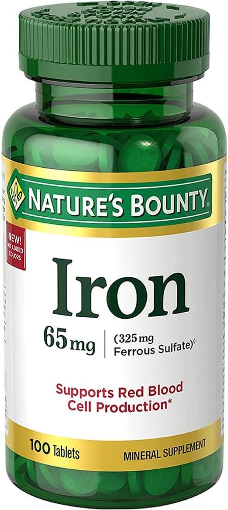Nature's Bounty I.Ron 65mg, 325 מ"ג Ferrous Sulfate - תמיכה באנרגיה סלולרית - 65 מ"ג - 100 טבליות.