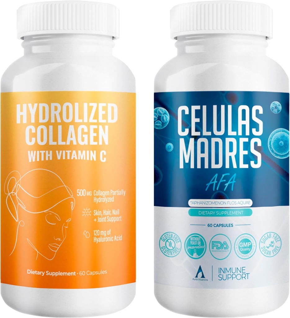 Aura ויטמין Mega Antioxidant Bundle | hydrolyzed Collagen & AFA Stem Cell | hydrolyzed Collagen עם ויטמין C, Aphanizomenon Flos-Aquae | Celula Madre Skin, Hair and Support Nail - 60 Every Caps (1)