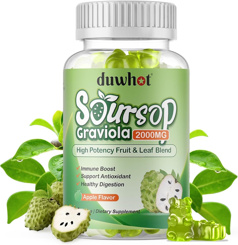 Soursop Gummies 2000MG, Soursop Leaf & פירות לחלץ למבוגרים, Soursop פירות w/Vitaminc C עבור תמיכה בחיסון, אנטי-חמצן ואיידס, טבעוני, 60 הרוזן