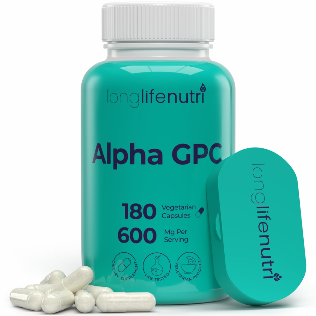 Alpha GPC Choline תוסף 600 מ"ג - 180 קפסולות צמחוניות, High Purity Nootropic עבור Daily Energy, 3 Monteh אספקת, Acetylcholine מקור לקלירות קוגניטיבית ומנטאלית, GMP Certified, Made בארה"ב