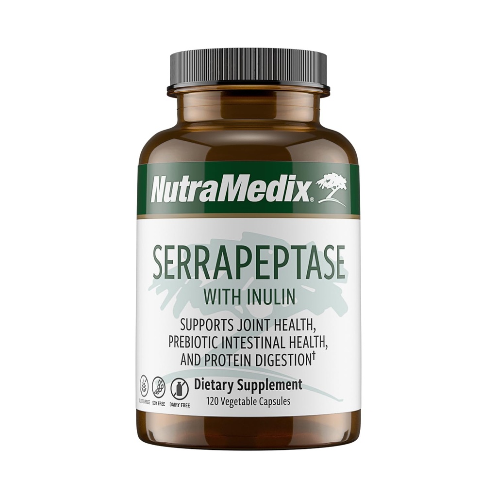 NutraMedix Serrapeptase תוספת עם Proteolytic Digestive Enzymes for Women & Men - Inulin Prebiotic סיבים for Gut Health & Joint Support - חלב, Soy & Gluten-Free (120 קפסולות)