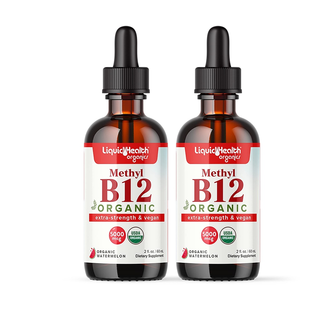 LIQUIDHEALTH USDA אורגני Methyl ויטמין B12 Methylcylobalamin נוזל טיפות עם Tart Cherry Juice - Boost Energy, Immune Support, שיפור זיכרון וריכוז - ארה"ב יצרה, טבעוני, non-GMO (2 Pack)