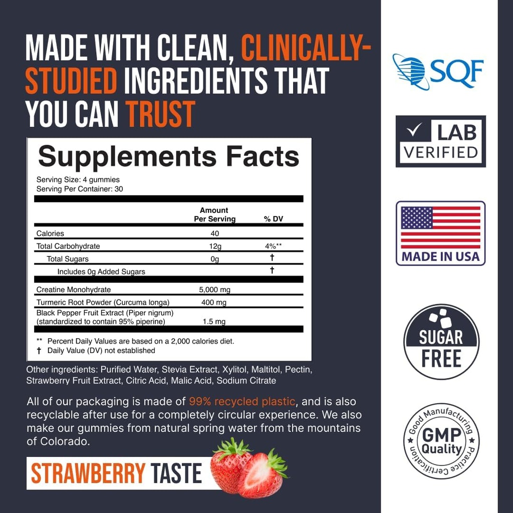 EWise Wellness Creatine Monohydrate Gummies 5000 מ"ג, Chewables for Men & Women, Sugar Free Gummies - 121 Count, Fresh Strawberry