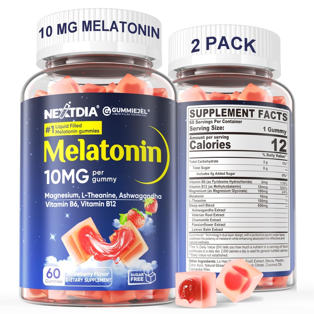2 Pack Sugar Free Melatonin Gummies 10 מ"ג מגנזיום Glycinate מלטונין למבוגרים, Ashwagandha, L-theanine, B6, B12, לימון Balm ו Chamomile for Deeplaxation, Antioxidant, Vegan, 120 Day