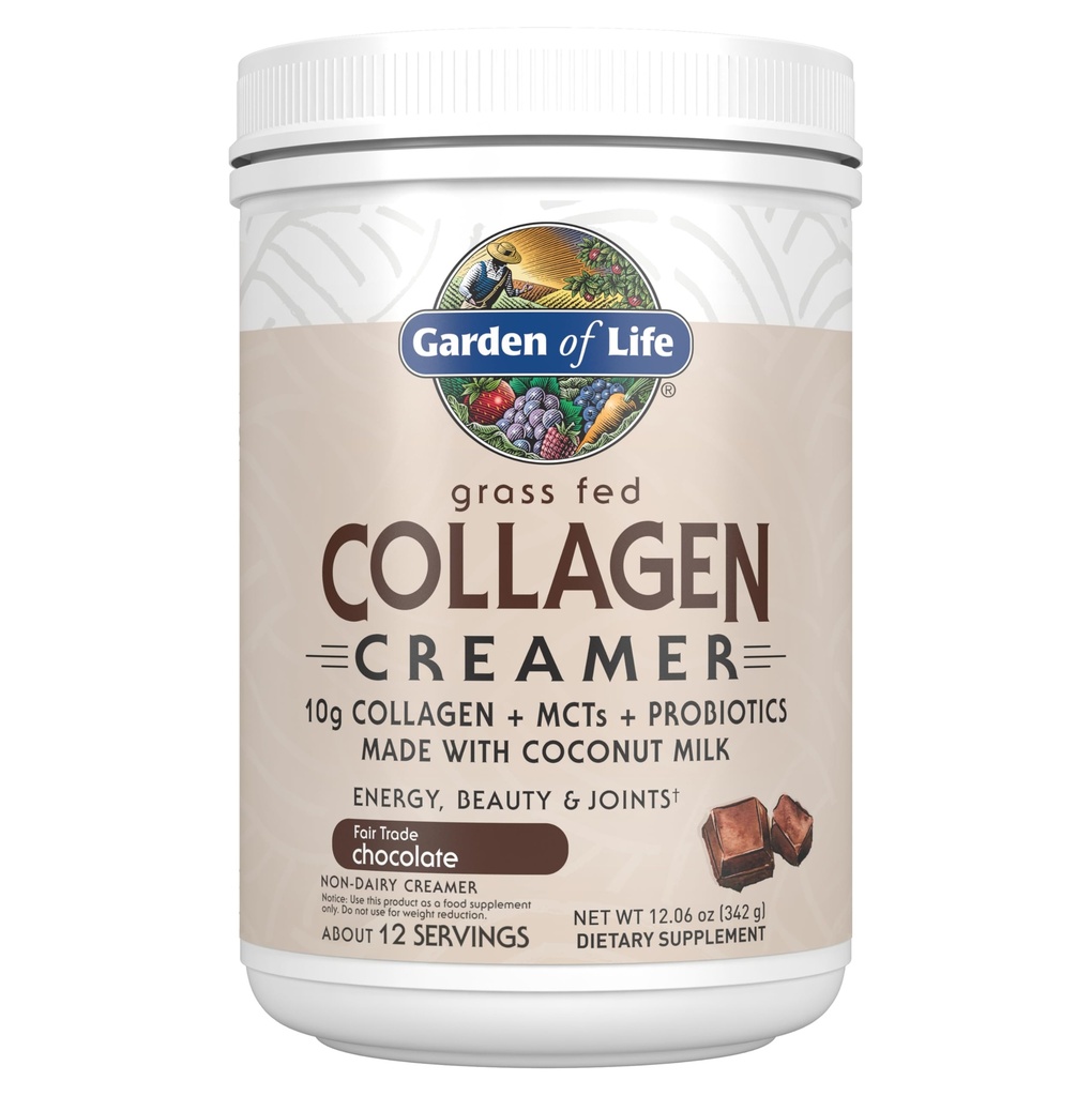 Garden of Life Grass Fed Collagen Creamer אבקת - שוקולד, 12 משרתים, אבקה עבור קפה Energy Beauty Joints, Collagen Peptides עם קוקוס MCTs, חלבון קיטו