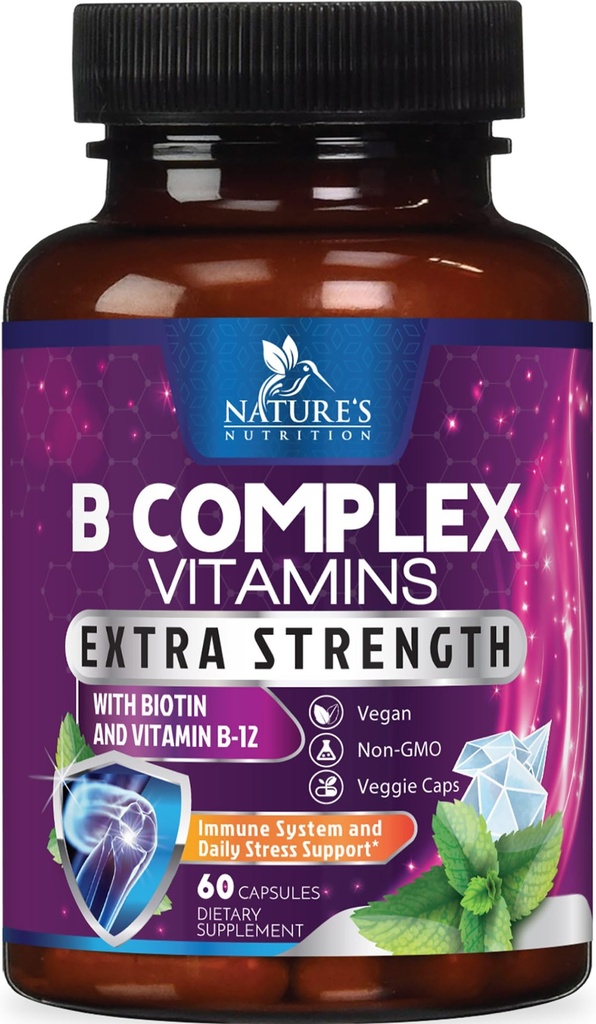 B Complex ויטמינים קפסולות - עם ויטמין B12 B6 B100 C Biotin Folate & Folic Acid - תוספת עבור הלב, המוח, ו- Nerve תמיכה - Super Complete B-Complex for Immune & Energy Support - 60 קפסולות