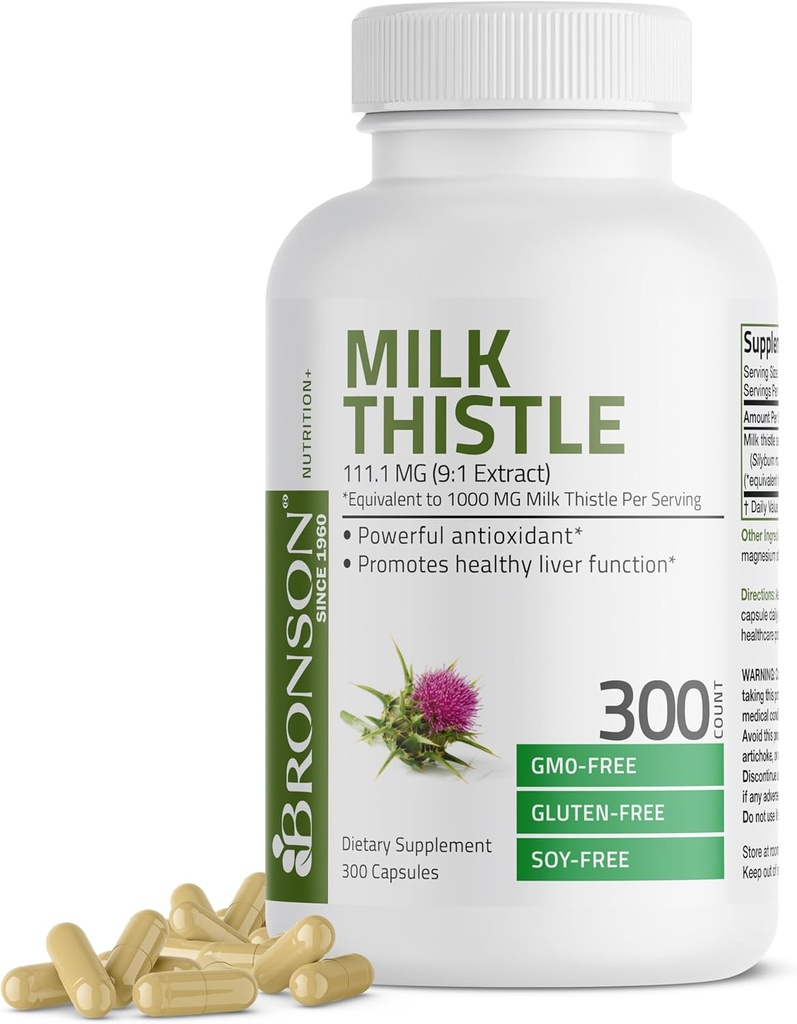 Bronson Milk Thistle 1000 MG Silybum Marianum Antioxidant & Liver Health Support - non-GMO, 300 קפסולות