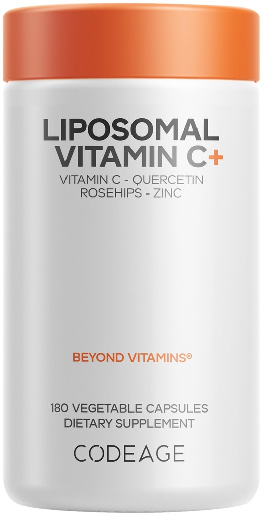 Codeage Liposomal ויטמין C 1500 מ"ג עם Zinc, Elderberry, Citrus Bioflavonoids Grapeפרי, לימון, אבקת אורנג ', Quercetin & Rose HIPS פירות - תוספת טבעונית - Non-GMO, גלולות טבעוניות, 180 קפסולות