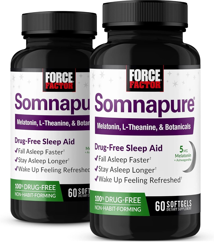 עבור FACTOR Somnapure Softgels 2-Pack Sleep Aid to Fall Asleep Faster, Stay Asleep Longer, Wake Uprated, Sleep Aid for Adults with Melatonin, Ashwagandha, ולריאן Root, 120 Softgels