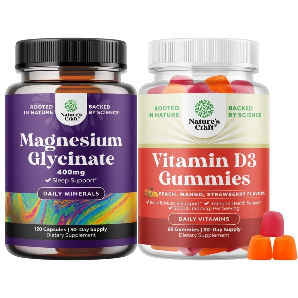 Bundle of Pure Magnesium Glycinate 400 מ"ג עבור שינה Mood ורגיעה ויטמין D3 חניכיים עבור בריאות יומית או שריר העצם & Immune תמיכה תמיכה
