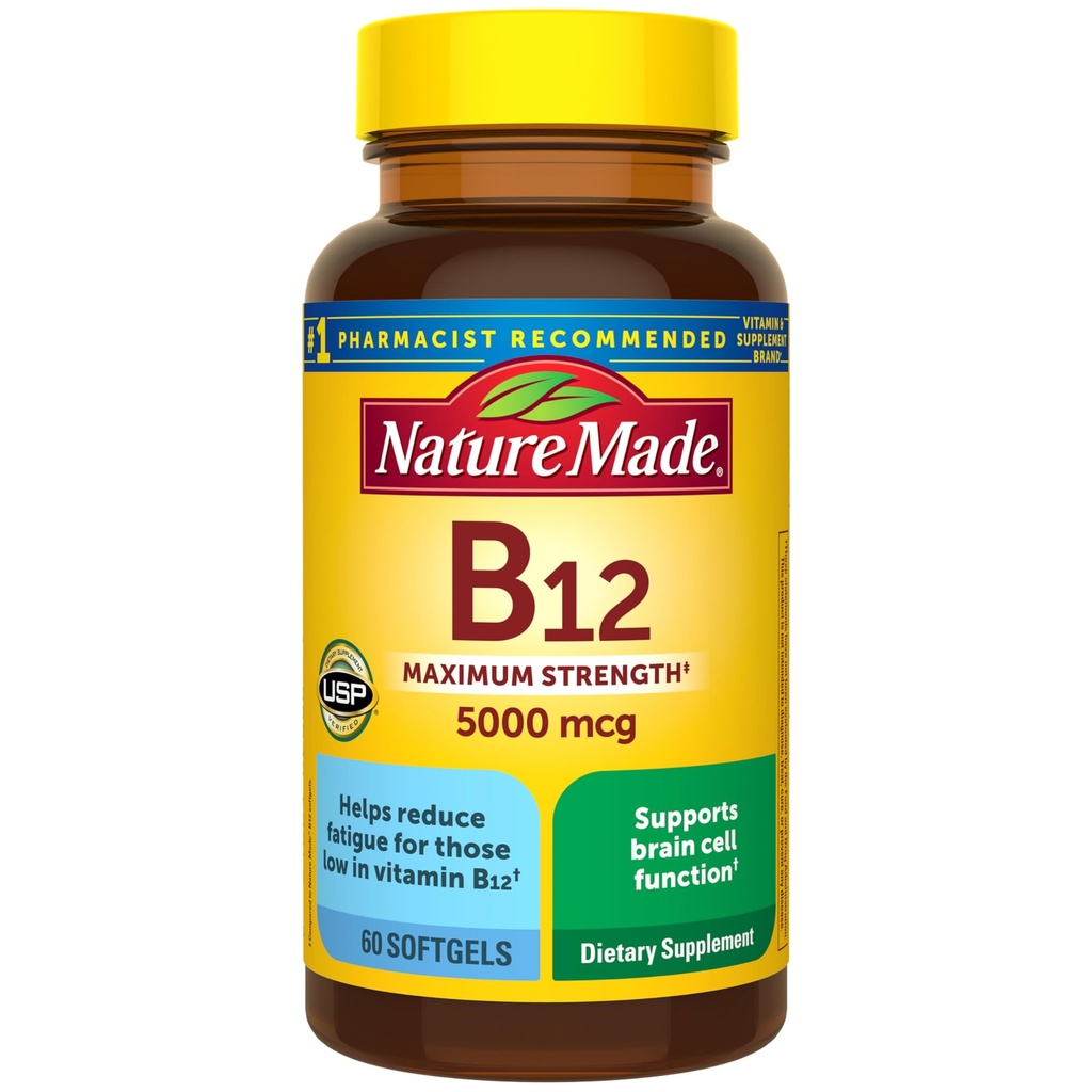 הטבע עשה ויטמין כוח מקסימלי B12 5000 mcg, תוספת תזונתית לתמיכה במטבוליזם אנרגיה, 60 Softgels, 60 יום אספקה