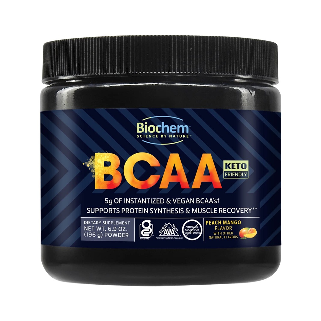 אבקת ביוצ'אם BCAA Peach מנגו 5g - 30 משרתים | טבעוני, Gluten Free, Keto, מיידית 2:1 BCAA תוספת עבור שריר התאוששות, סינתזה חלבונים וההירצה | אבקת אלקטרוליט Amino Acid