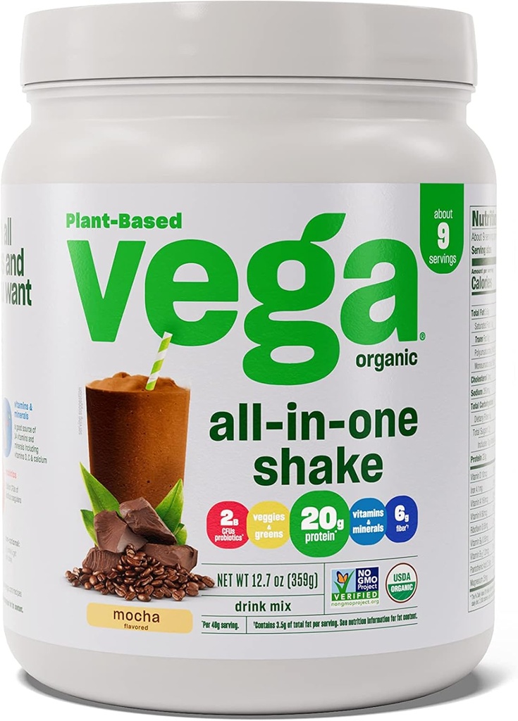 Vega אורגני All-in-One Vegan אבקת Mocha (9 משרתים) Superfood Ingredients, ויטמינים לתמיכה בתחמושת, Keto Friendly, Pea חלבונים לנשים וגברים, 12.7oz (Packaging May Vary)