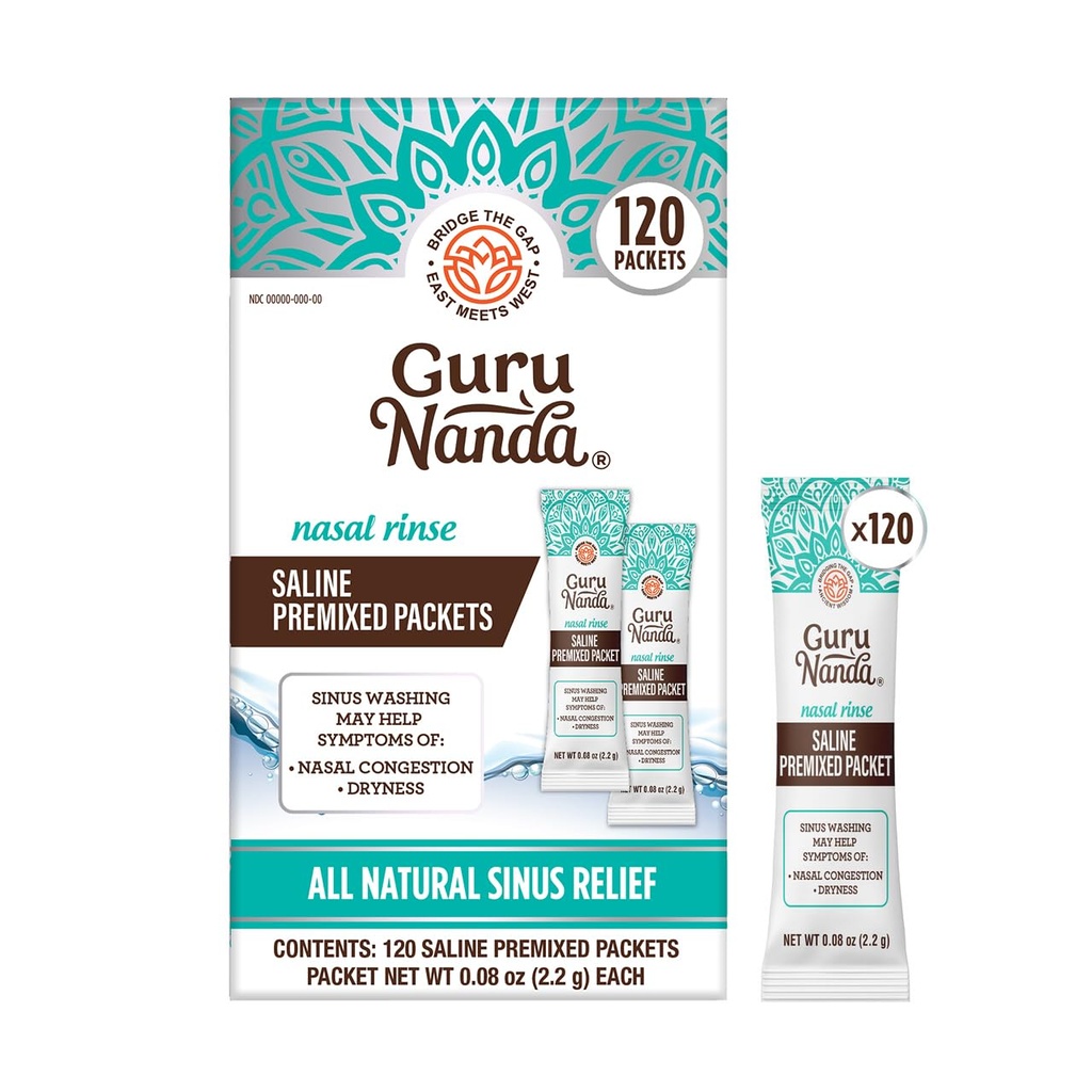 GuruNanda PreMixed Saline Packets עבור Nasal Rinse (120 Count), All Natural Sinus Rinse Packets כדי לעזור עם Allergies & Communityestion הקלה, 0.08oz כל אחד