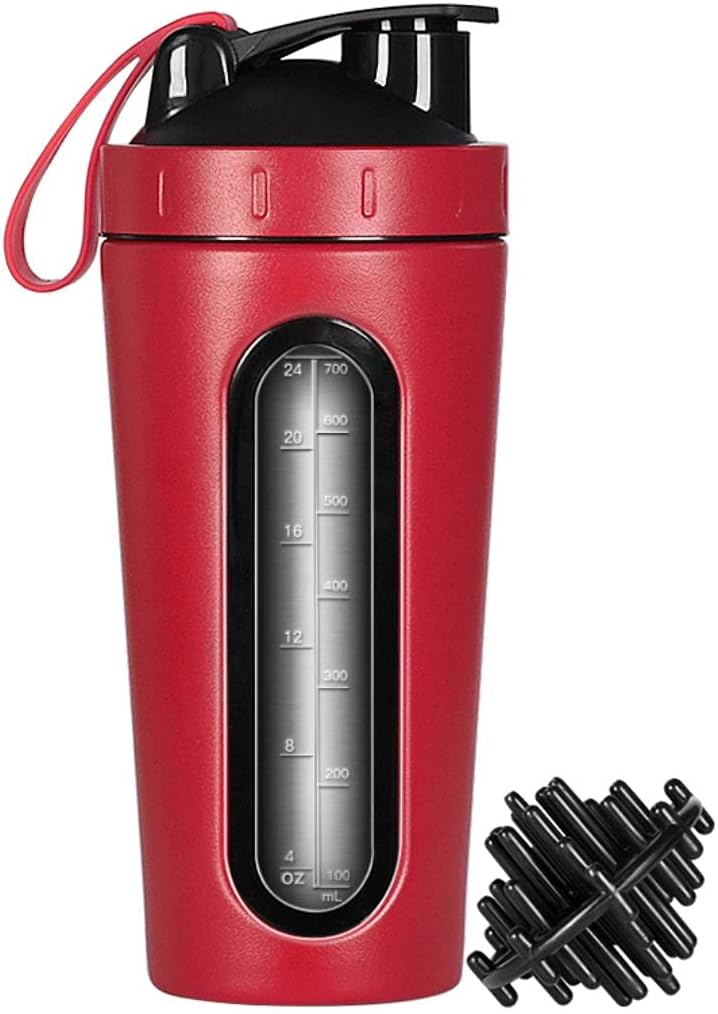 חלבון Shaker Bottle, Stainless Steel Shaker Cup, Sports Mixer Water Bottle, Visible Window, Leak Proof, No BPA with Mixing Ball for Fitness Workout, 28 Ounce, Red Mix, Red Window