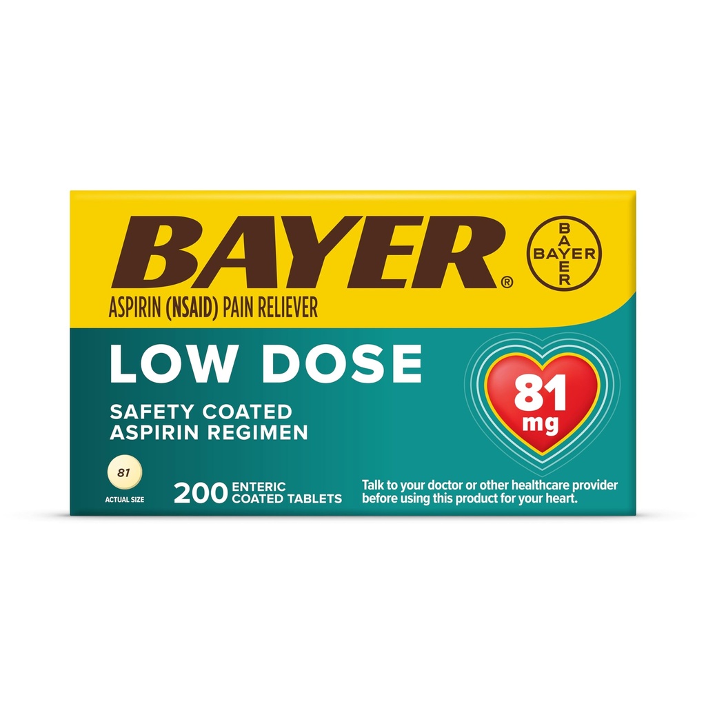 Bayer Aspirin משטר נמוך Dose Enteric Coated Tablets, 81 מ"ג, 200 הרוזן