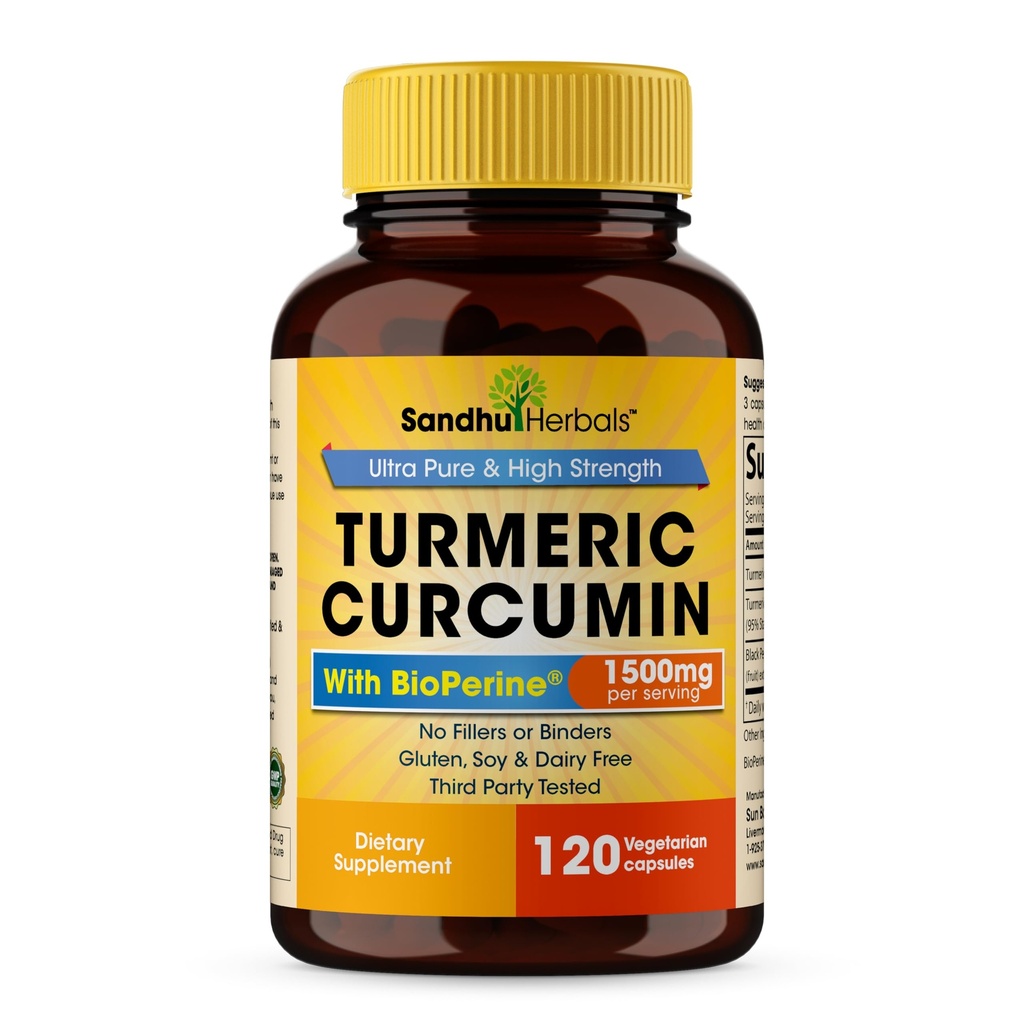Sandhu Herbals אורגני Turmeric Curcumin 120 קפסולות עם תוסף Bioperine Black Pepper | 1500 מ"ג עם 95% Curcuminoids