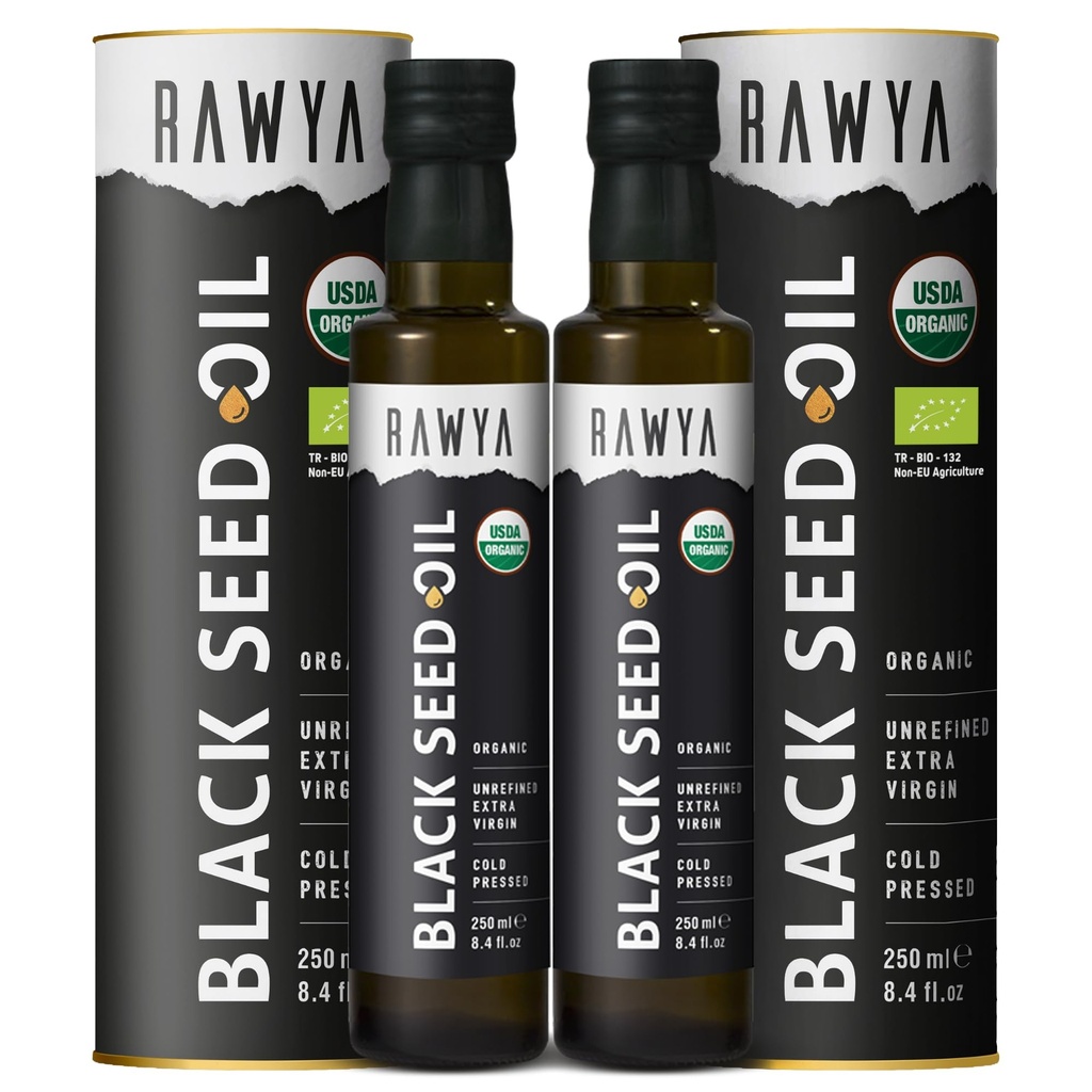RAWYA שחור Seed שמן - אורגני קר Pressed Nigella Sativa - טורקי מקור - USDA אורגני - תוספת טבעית - Black Cumin Seed שמן - Rich Flavor & High Concentration - 250 מ"ל זכוכית בקבוק - 2 Pack