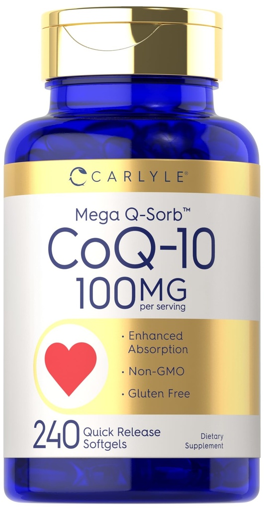 Carlyle CoQ10 100mg Softgels | 240 Count | Mega Q-Sorb Coenzyme Q-10 | with Black Pepper Extract | Non-GMO and Gluten Free Supplement