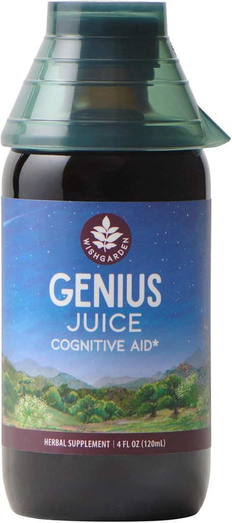 WishGarden Herbs Genius Juice - Liquid Herbal Nootropic Brain Booster תוסף עבור Focus, Clarity, ריכוז ואנרגיה עם גינקו בילובה ו Gotu Kola, תמיכה קוגניטיבית, No Caffeine, 4oz