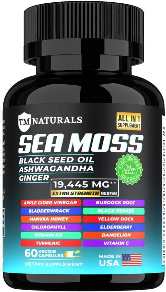 Sea Moss with Black Seed Oil, ויטמין C, Ashwagandha ו Turmeric for Immune Support & Energy - 60 קפסולות טבעוניות + Free Pill Box
