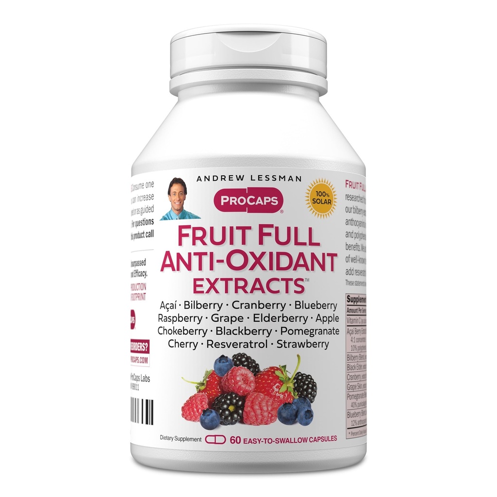 ANDREW LESSMAN פירות Full Anti-Oxidant Extracts 60 קפסולות - 14 פירות טבעיים וברי לחלץ. Bilberry, Cranberry, Grape Seed, Pomegranate, Resveratrol, ועוד. Easy to Swallow קפסולות