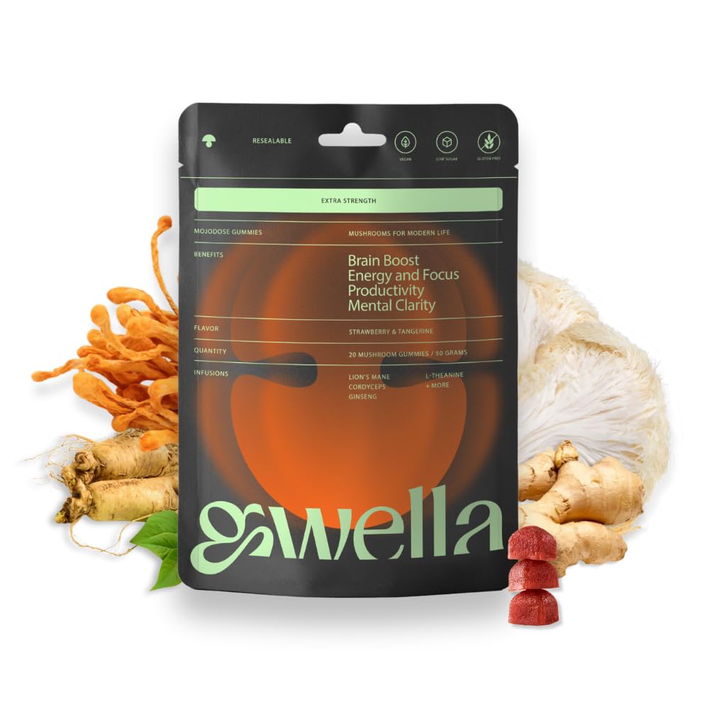 Gwella Focus Gummies with Lion's Mane, Panax גינזנג, ג'ינג'ר Root, Cordyceps, SAM-e, Nootropics, Energy and Focus, Vegan, Strawberry Tangerine (20 Count - Pack of 1)