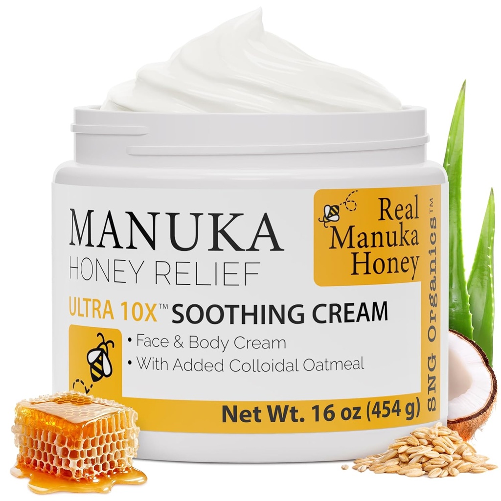 Super Natural Goods Manuka Honey Cream (16oz) - הפחתה של כל סוגי העור המתאימים לילדים ומבוגרים | Moisturizing Body Cream with Real Manuka Honey Aloe Vera Juice and Cocoa Butter