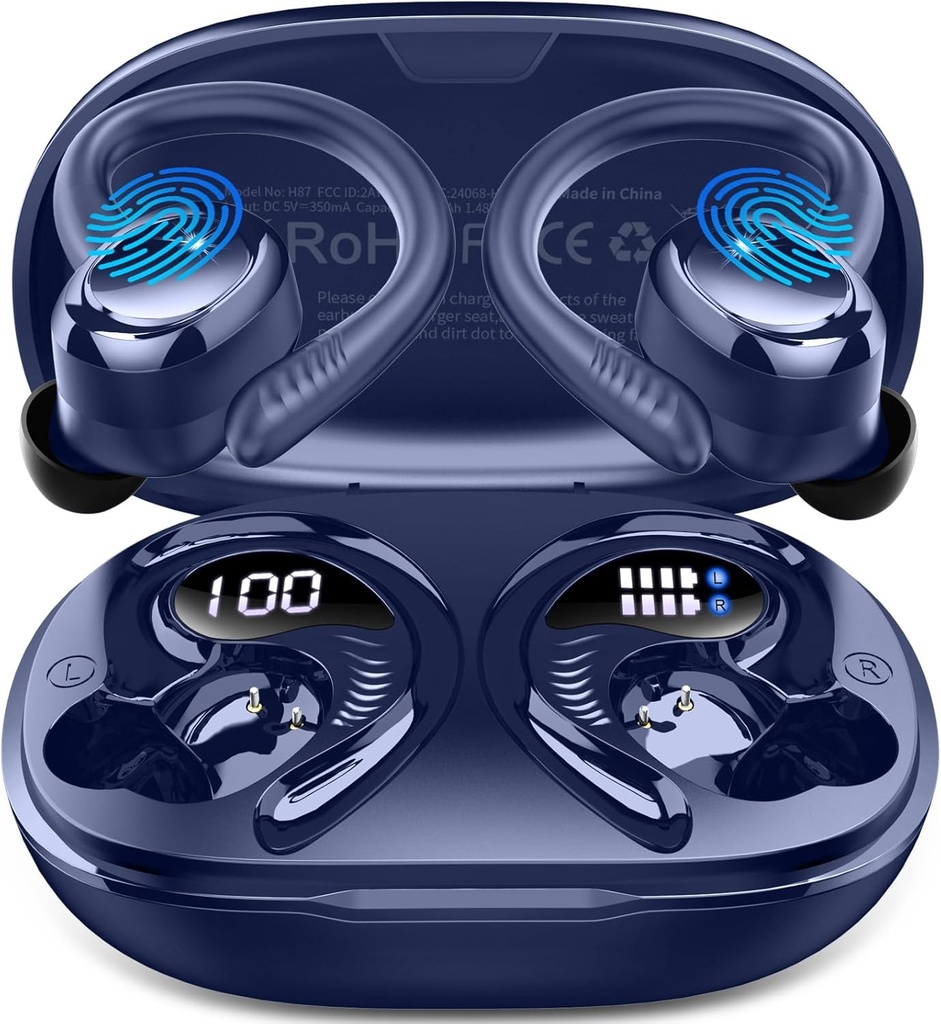 Wireless Earbuds ספורט, 2025 Bluetooth 5.4 אוזניות עם אוזניות, 50H Stereo Deep Bass Over Ear Buds עם 4 ENC Noise ביטול Mics, IP7 אוזניות בטיחות מים עבור ריצה עבודה גופנית - Blue Blue Blue