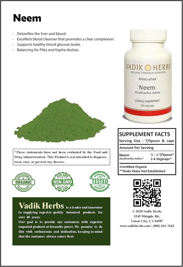 אבקת Vadik Herbs Neem (Azadirachta Indica) אבקת 1lb. Pack | Good Blood Cleanser, Supports Healthy Bloodcose Levels, Balancing for Pitta ו Kapha Doshas