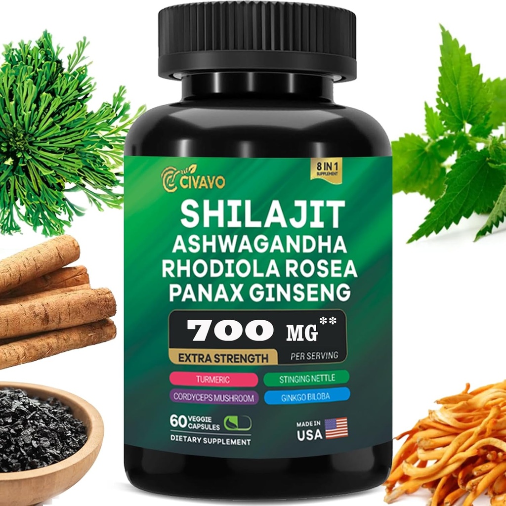 Shilajit Pure ההימלאיה 9000MG, Ashwagandha 2000MG, Rhodiola Rosea 1000MG, Panax גינזנג 1500MG, Turmeric 500MG, Gingko Biloba 500MG, Sting Nettle 250MG, Cordyceps Mushroom 500MG