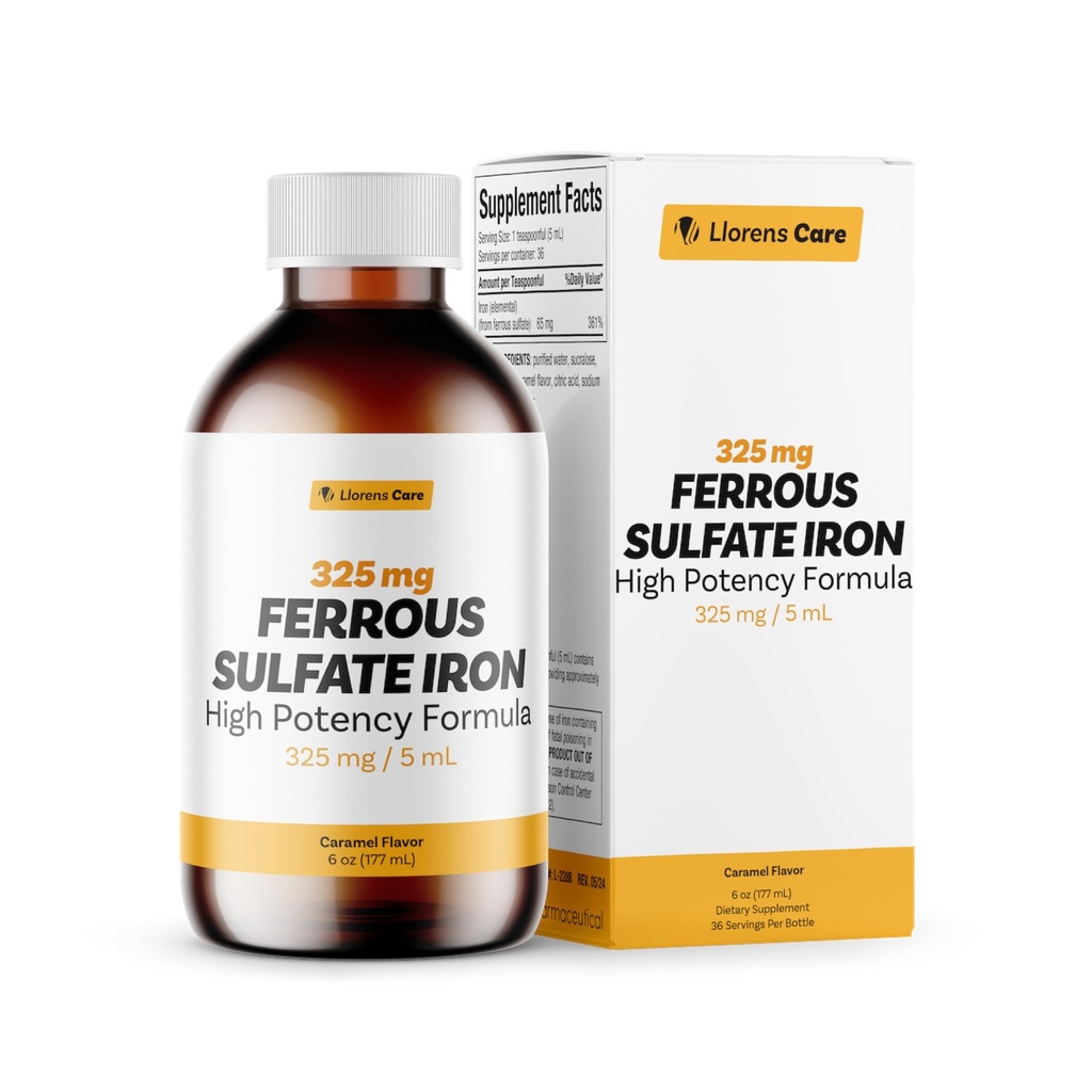 Ferrous Sulfate 325 מ"ג ברזל 65 מ"ג של ברזל אלמנטים על ידי Llorens Care - 6 oz - Carmel Flavor (6 oz, Karamel)