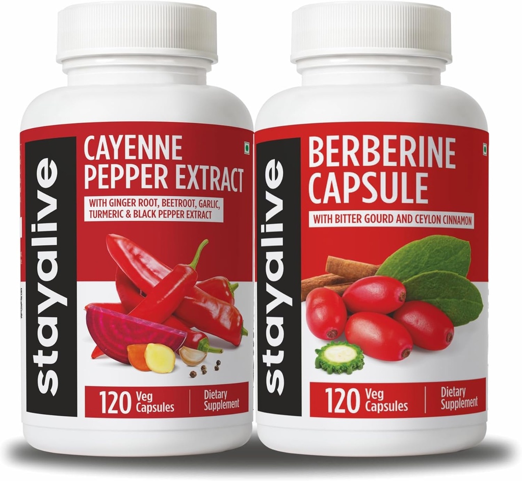 STAY ALIVE Cayenne ו Berberine Bundle עם Ceylon Cinnamon ו Bitter Gourd Extract, 240 גלולות טבעוניות, Non-GMO & Gluten Free Berberine קייאן פפר