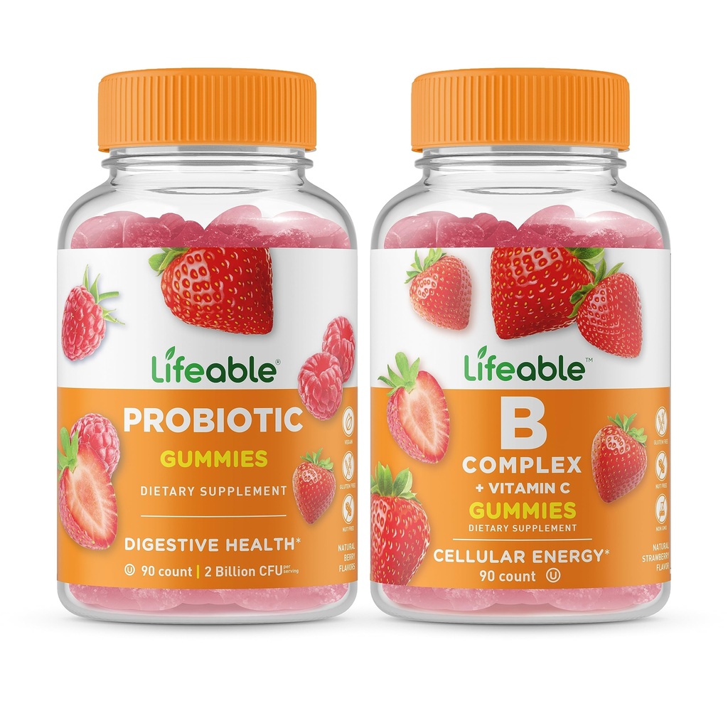 Probiotic 2 מיליארד CFU + B Complex, Gummies Bundle - גדול Tasting, ויטמין תוסף, Gluten Free, GMO חינם, Chewable Gummymymy