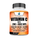תוסף סטנדרטי אמריקאי ויטמין C 2000 מ"ג, Zinc 40 מ"ג, ו- Rose Hips 50 מ"ג פרי, טבעוני, Gluten Free, non-GMO (120 Count)