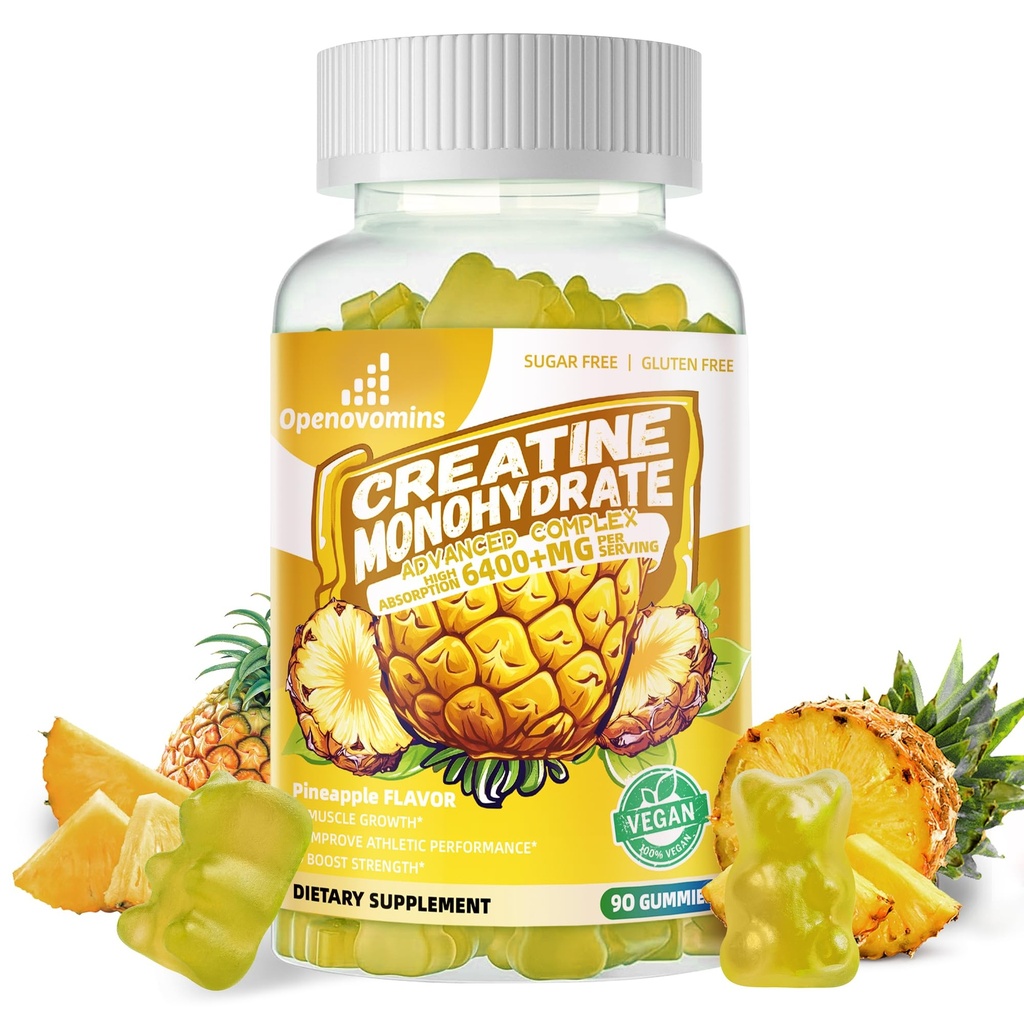 Creatine Monohydrate חניכיים מורכבות עבור גברים ונשים - מתקדם פורמולה W / L-Taurine + ויטמין B12, סוכר חינם Chewable תוסף,90 Pineapplemies