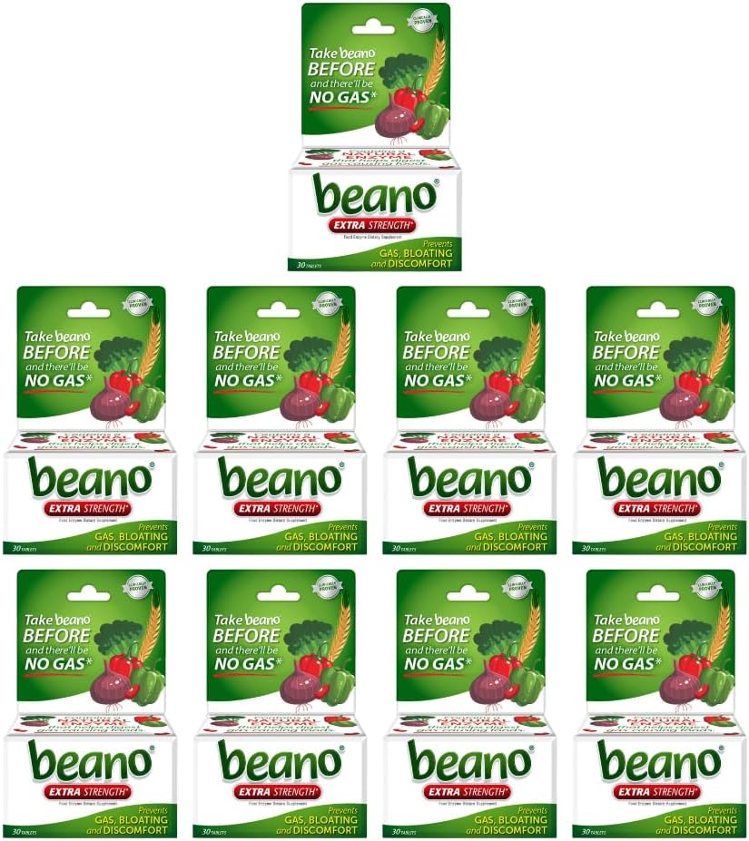 Beano תוספת כוח, תוסף Enzyme העיכול, מונע גז, Bloating and Discomfort (Packaging May Vary) 30 Count כל אחד (Pack of 9)